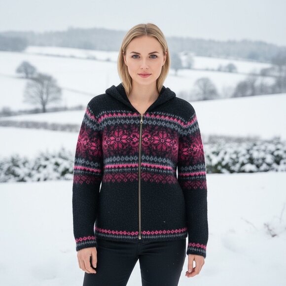 Kidka Drangi Hooded Zip Front Cardigan in Black/Multicolor Icelandic Wool Size M - Picture 1 of 5